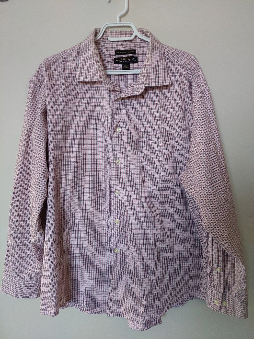 Alfred Sung Men's 18.4 34/35 Dress Shirt Non-iron 100% Cotton Red Checks